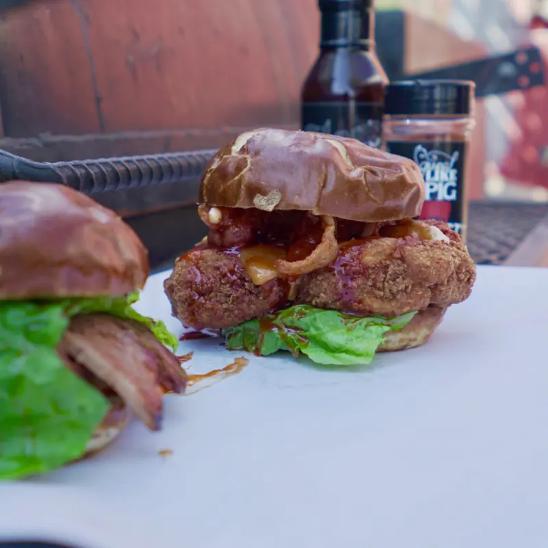 Spicy fried chicken sandwich on a pretzel bun, the Spicy Thursday special
